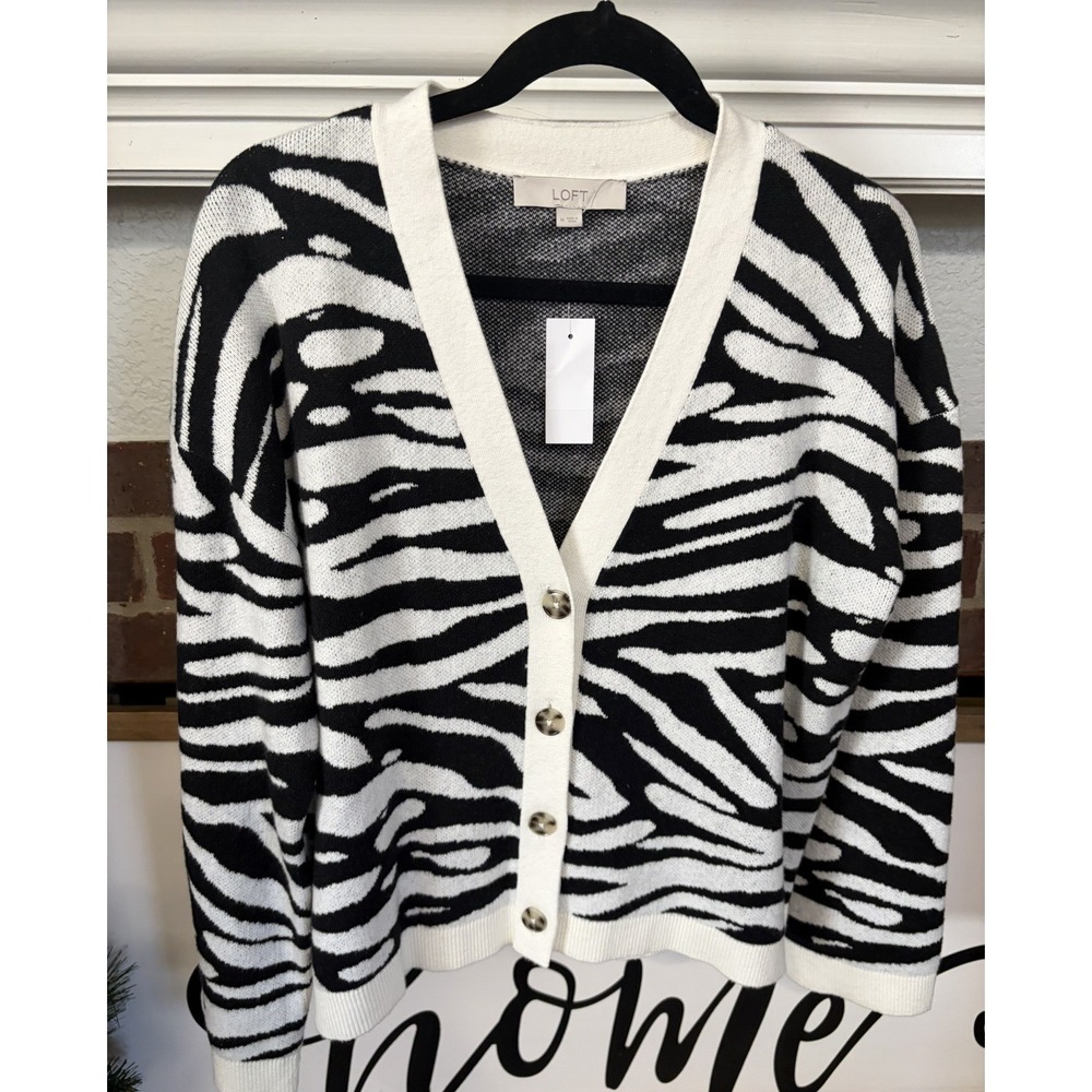 Ann Taylor Cardigan Women M Black White Animal Zebra Print Cotton Button-up NEW!